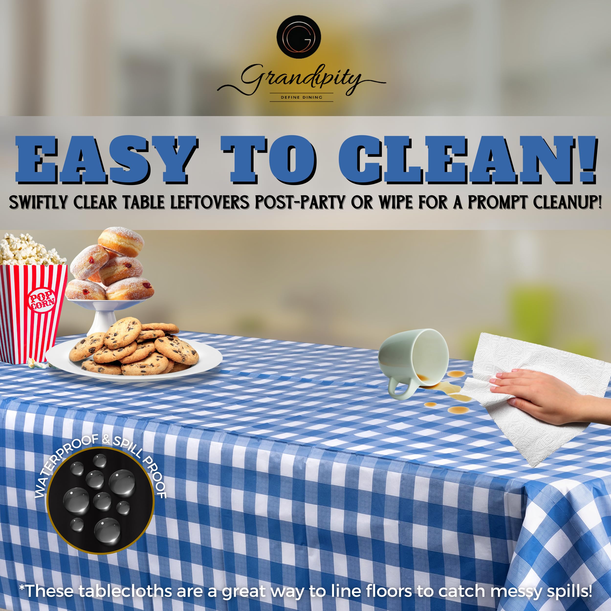 Grandipity Blue Gingham Checkered Plastic Table Cloth Disposable (6 Pk) 54In X 108In Plastic Tablecloths For Rectangle Tables -